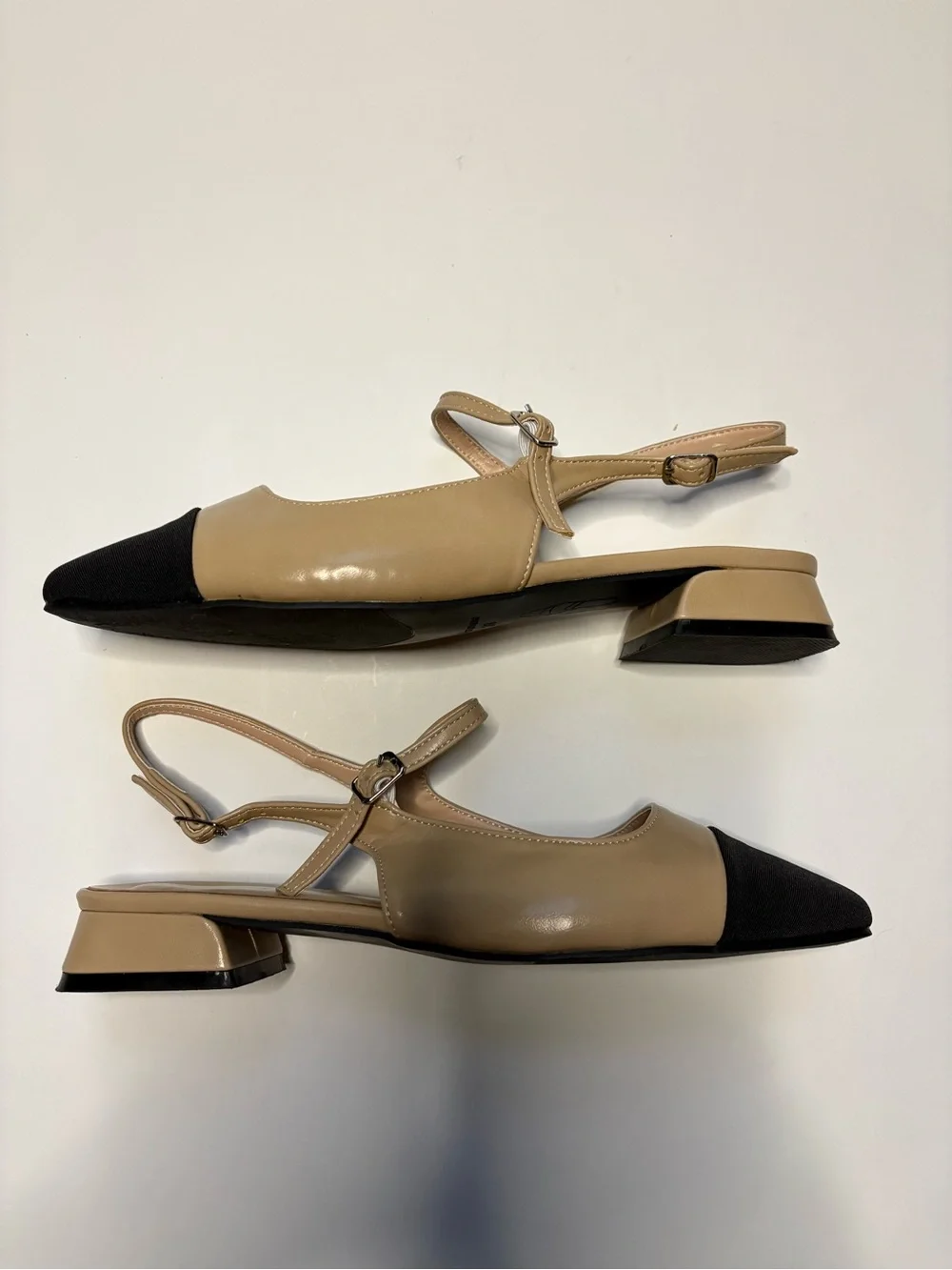 C. Petrovano Beige and Black Cap-Toe Slingback Flats